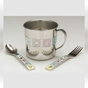 New In Box RARE GORHAM Peek -a- Boo Silver Plated Feeding Cup Spoon And Fork